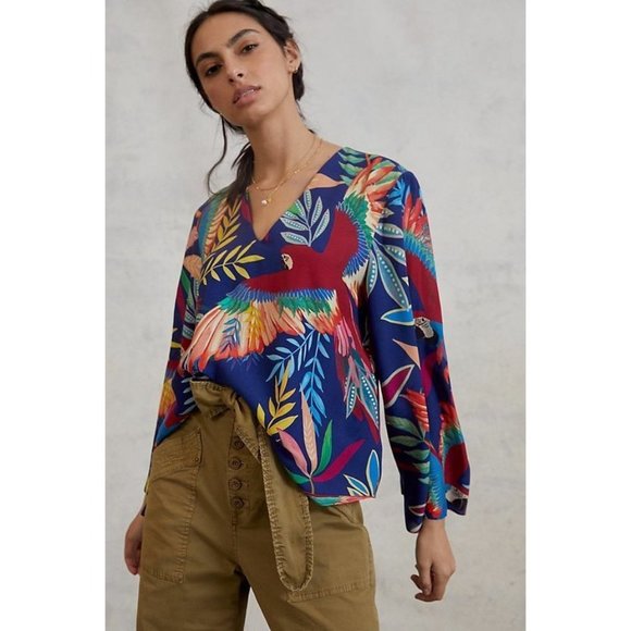 FARM Rio Tops - Anthropologie Farm Rio Kaia Tropical Bird Blouse Size XS NWT Bell Sleeves